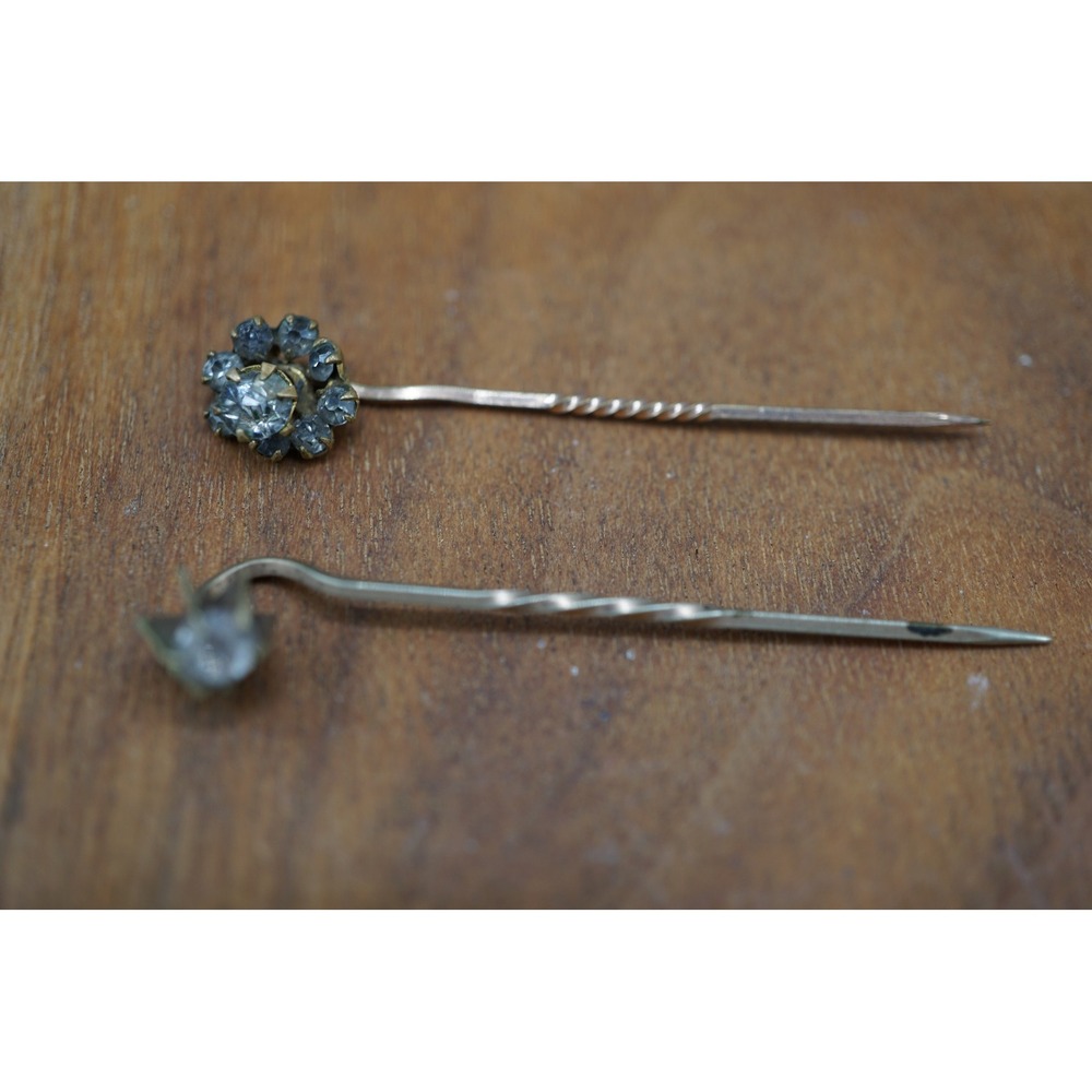 Antique‎ Victorian Hat Pins Lot 2 Rhinestone Paste Flower Twist Shaft c1880-1910